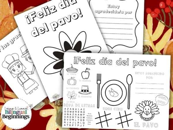 Thanksgiving printables in Spanish for Preschoolers. Coloring pages and placemat