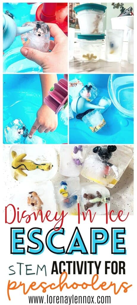 Disney In Ice Escape Water Table Activity for Toddlers  In this activity, your toddler will learn the science of ice and how warm water will melt the ice. If you have an impatient toddler like myself, he will try lots of methods to break his Disney friends out as quick as possible. #stempreschoolactivities #finemotoractivitiesforkids #finemotoractivities #sensoryactivities #stemactivities #stemactivitiesfortoddlers #watertableactivities