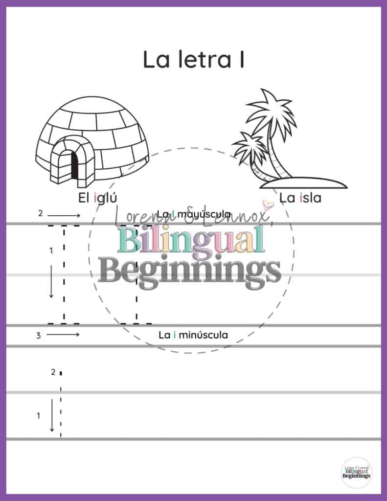 Page 1 is a practice writing an uppercase and lowercase letter I. It also serves as a coloring page with two nouns that start with the letter I in Spanish: el iglú and la isla.