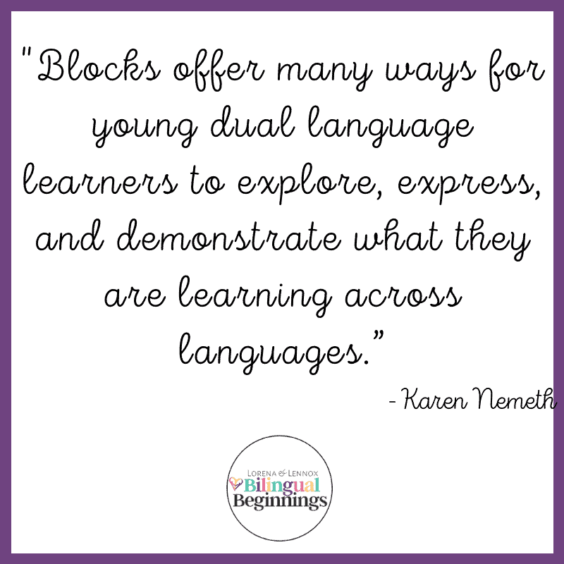 One line of Koralek’s article that stood out to me as a bilingual parent, is a quote from Karen Nemeth that says “blocks offer many ways for young dual language learners to explore, express, and demonstrate what they are learning across languages” #bilingualparenting #bilingualtoys #bilingualkids #bilingualbeginnings