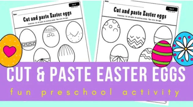 9. Cut and Paste Easter Eggs - With: Balloons and Planes“This is a fun set of free printable Easter worksheets for your preschool or kindergarten students. They will get to practice their fine motor skills together with visual discrimination.”