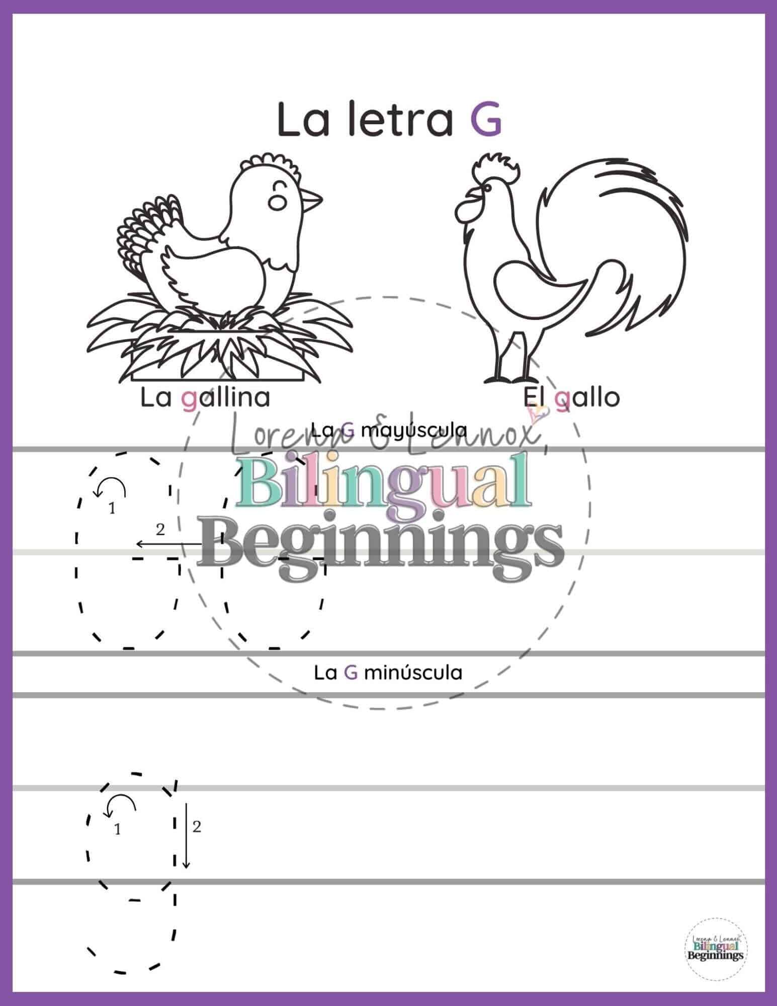 Page 1 is a practice writing an uppercase and lowercase letter G. It also serves as a coloring page with two animals that start with two hard-letter-Gs; la gallina y el gallo.