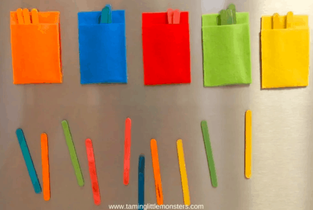 3.Magnet Color Sort Puzzle - By: Taming Little Monsters“A fun and easy color sorting activity that fits on the fridge door. Let your kids learn and develop fine motor skills with this color puzzle