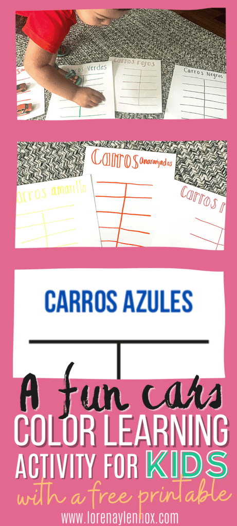 Cars Color Learning Activity for Bilingual Preschoolers With Free Printable Template  To facilitate this activity, I have created a free printable template in Spanish that you can print and use. There is also a blank template where you can write your colors if you want to do this activity in English or any other language. #colorlearningactivities #colorlearningactivitiesfreeprintable #colorlearningactivitiesfortoddlers #colorlearningactivitiesforpreschoolers #funcolorlearningactivities