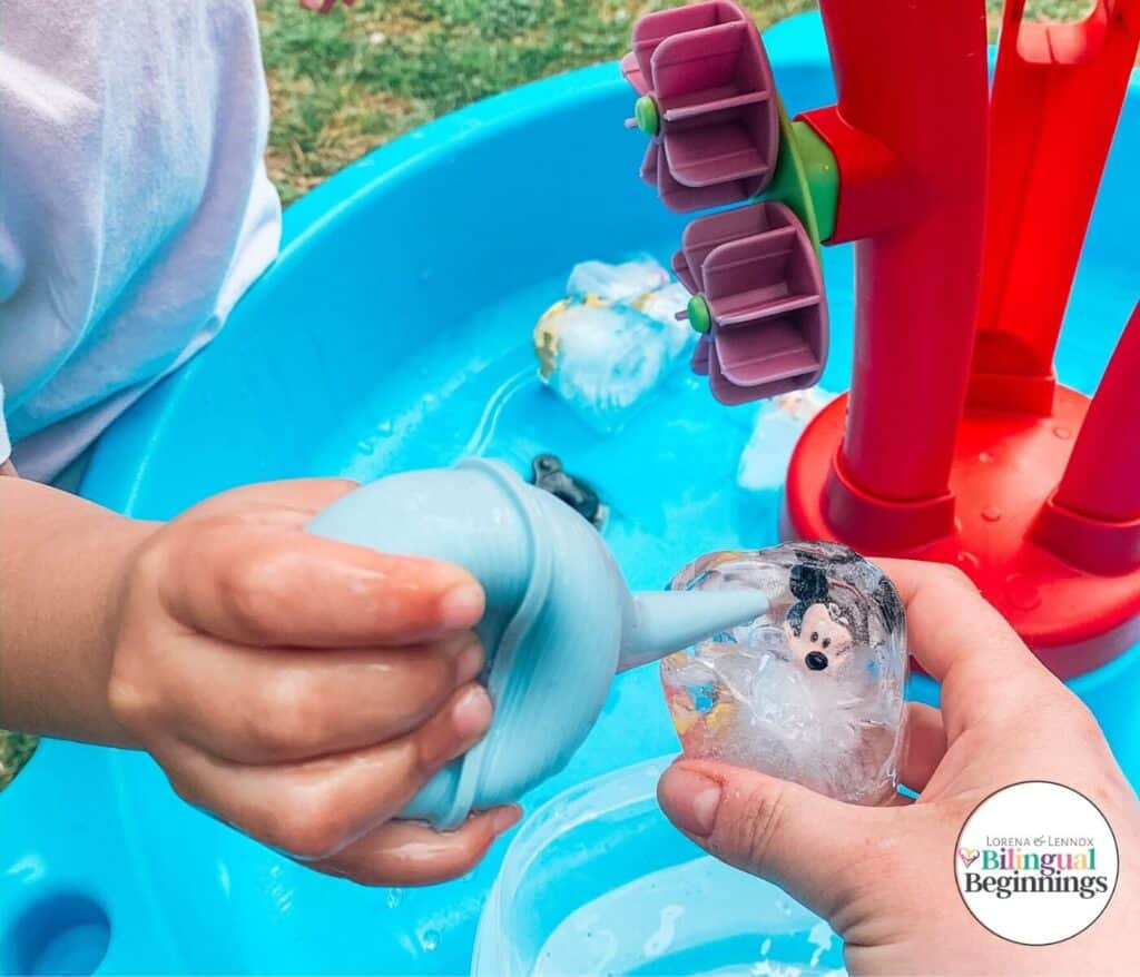 Disney In Ice Escape Water Table Activity for Toddlers  In this activity, your toddler will learn the science of ice and how warm water will melt the ice. If you have an impatient toddler like myself, he will try lots of methods to break his Disney friends out as quick as possible. #stempreschoolactivities #finemotoractivitiesforkids #finemotoractivities #sensoryactivities #stemactivities #stemactivitiesfortoddlers #watertableactivities
