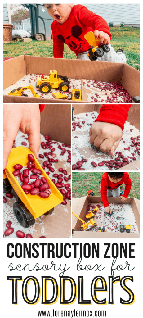 Today I want to share with you a fun and simple construction zone sensory bin for toddlers and preschoolers using rice, beans and vehicles!