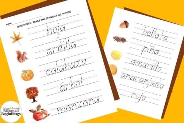 fall word tracing worksheets in spanish free printable bilingual beginnings