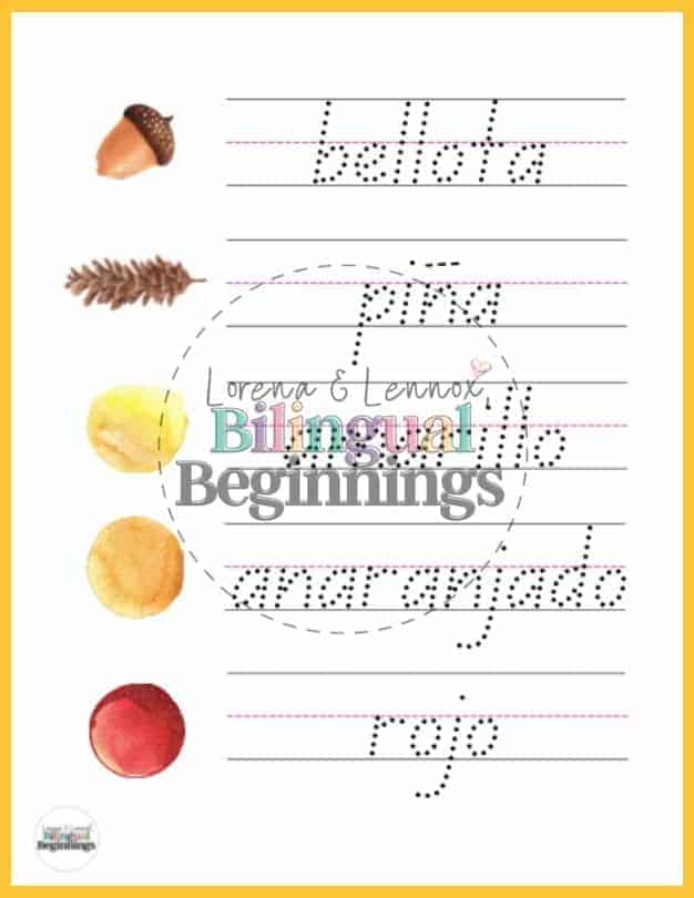 Two fall word tracing worksheets in Spanish for preschoolers and kindergarteners This is a great literacy activity for beginner writers.