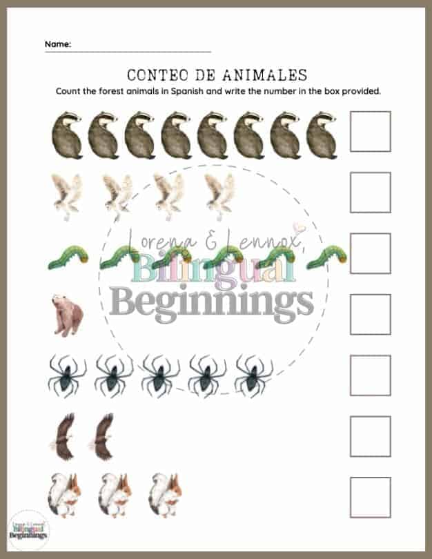 Conteo de Animales- Counting the forest animals worksheet in Spanish
