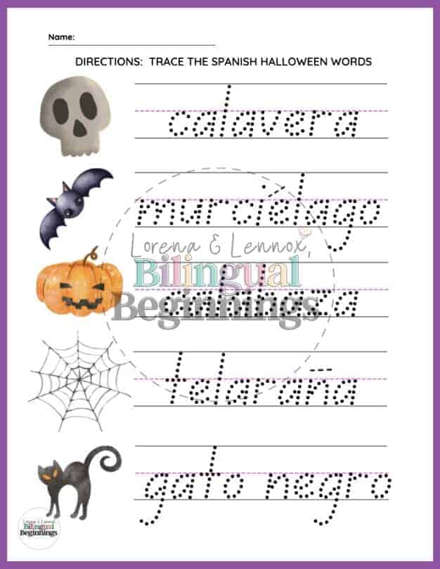 Halloween Word Tracing Worksheets in Spanish (Free Printable) - Bilingual Beginnings