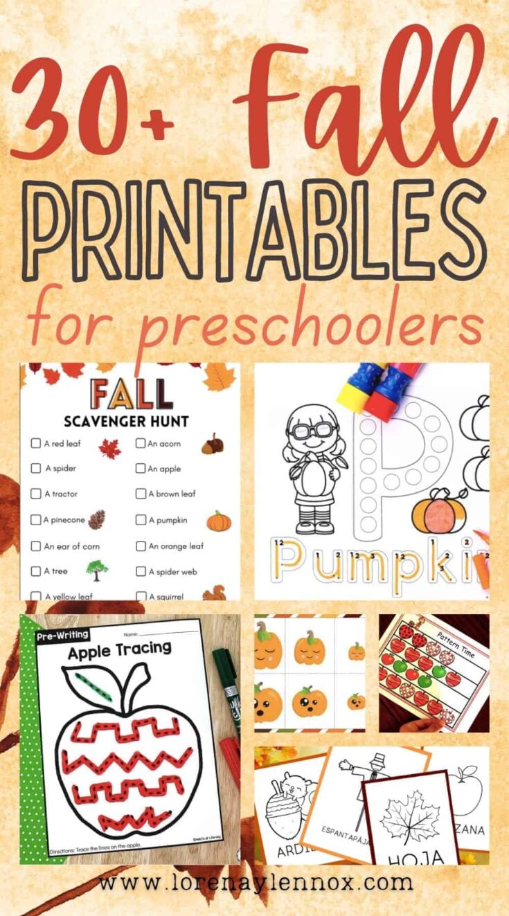 A round up of 30+ fall printable activities for preschoolers. These printables cover topics such as math, science, writing, Spanish and more.