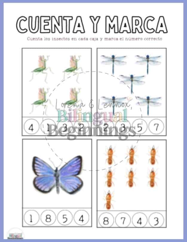 An insect printable kit in Spanish that Includes 9 printable PDF pages about insects to use with your preschooler in the classroom or at home.