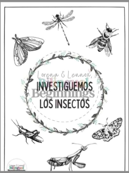 An insect printable kit in Spanish that Includes 9 printable PDF pages about insects to use with your preschooler in the classroom or at home.