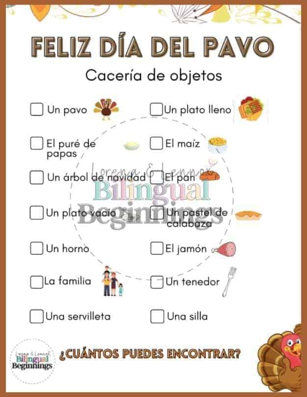 Free Thanksgiving Scavenger Hunt in Spanish and English for Kids