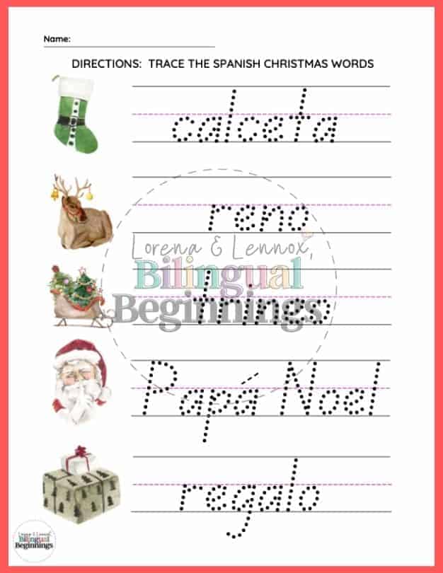 Free Printable Christmas Word Tracing Worksheets in Spanish