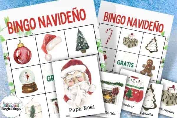 A print out Christmas vocabulary Bingo Set Game in Spanish