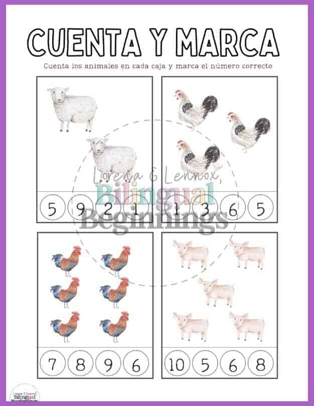 Farm Animal Counting Worksheet in Spanish