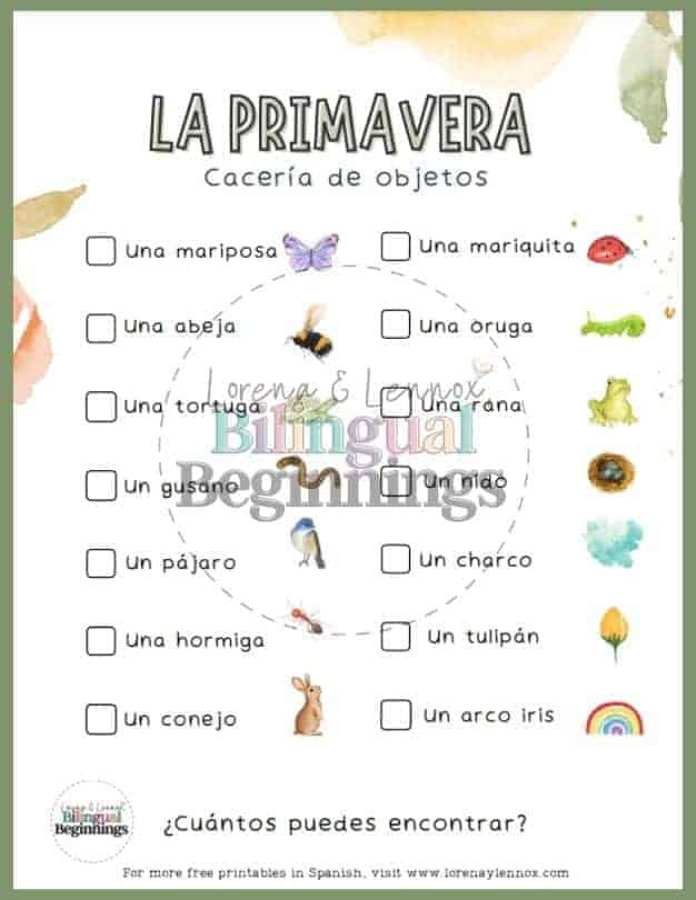 An Outdoor Nature Spring Scavenger Hunt in Spanish