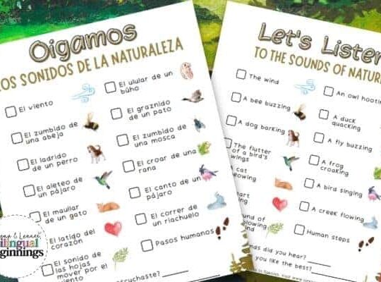 A FREE printable PDF sounds of nature scavenger hunt in Spanish and English. A fun way to get your kiddos outdoors and in touch with nature