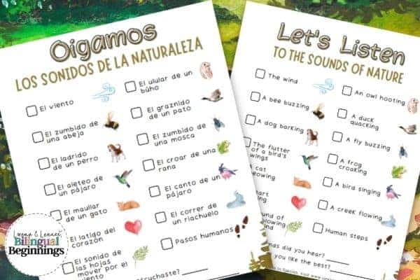 A FREE printable PDF sounds of nature scavenger hunt in Spanish and English. A fun way to get your kiddos outdoors and in touch with nature