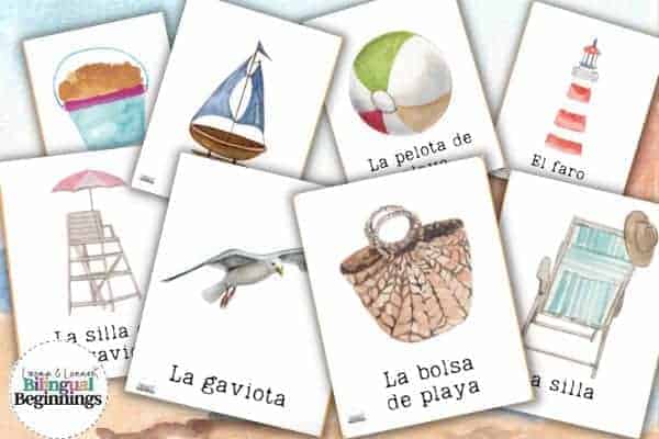 Beach Vocabulary Flashcards in Spanish