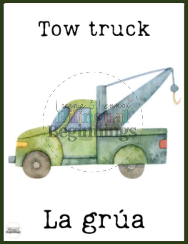 Transportation Vocabulary Flashcards in Spanish for Kids - La grúa — Tow truck