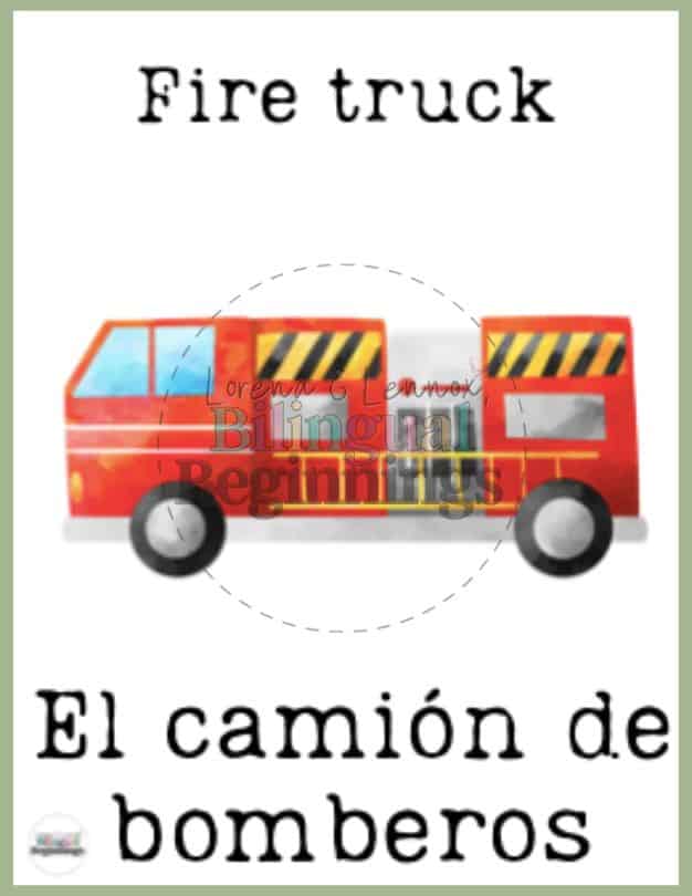 Transportation Vocabulary Flashcards in Spanish for Kids — El camión de bomberos- Fire truck