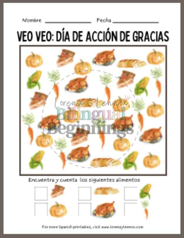 Free I Spy Thanksgiving Printables in Spanish