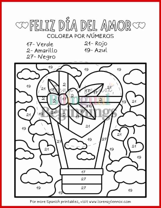 Valentine’s Day Color by Number Worksheets in Spanish