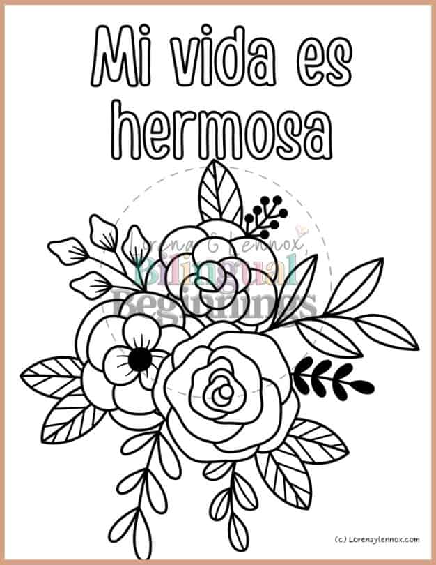 9 Positive Affirmations Coloring Pages in Spanish For Kids - Mi vida es hermosa