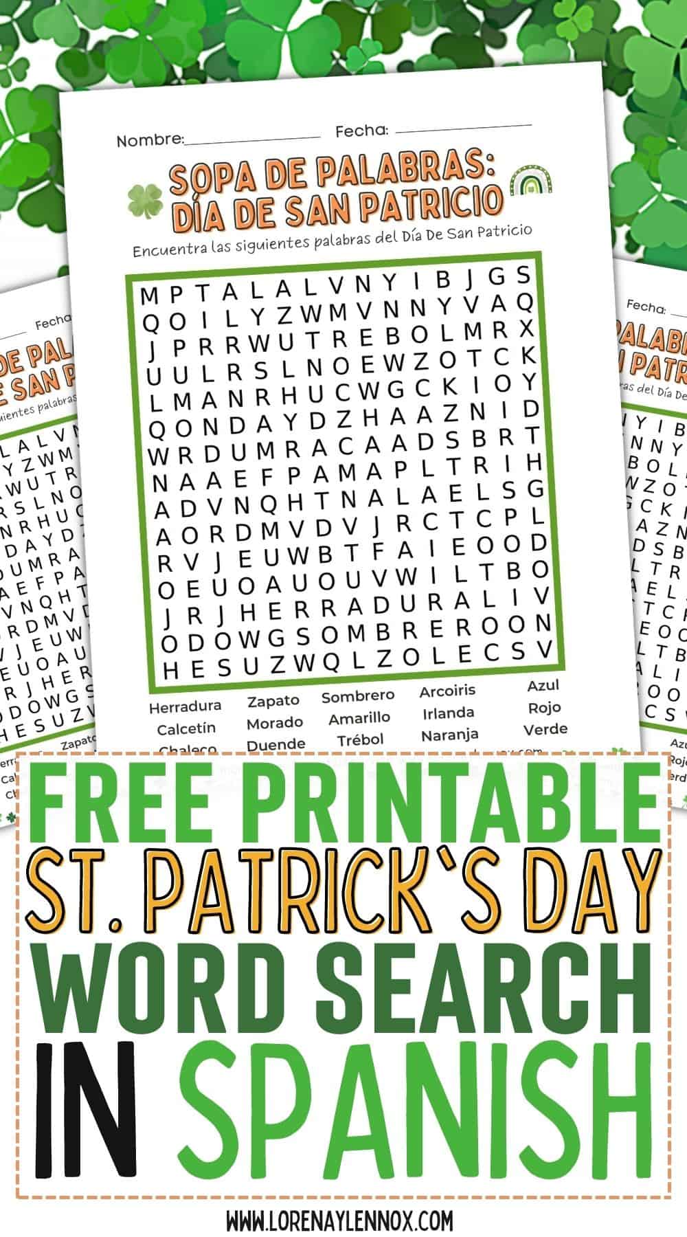 st patricks day word search printable in Spanish