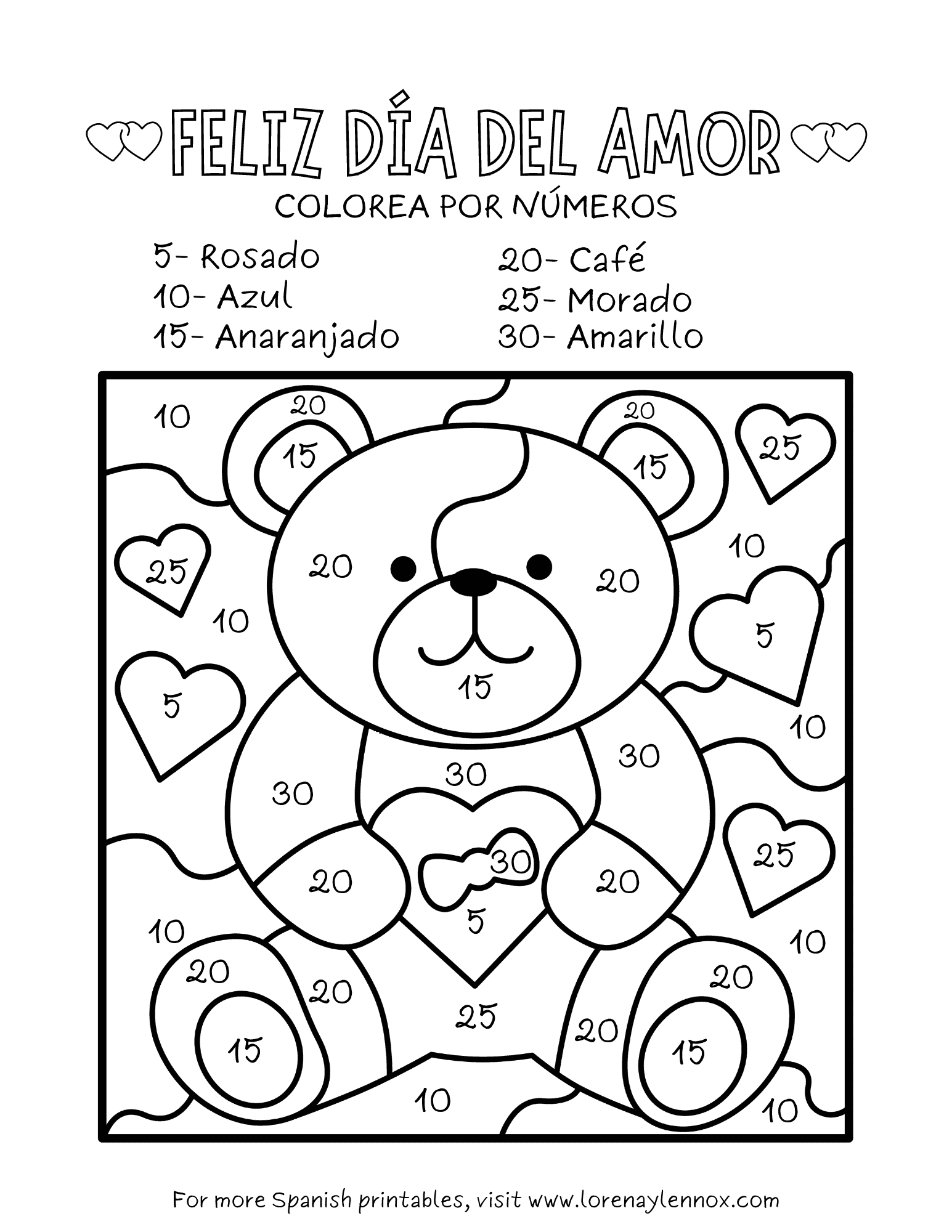Valentine’s Day Color by Number Worksheets in Spanish