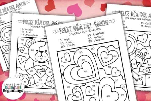 Valentine’s Day Color by Number Worksheets in Spanish