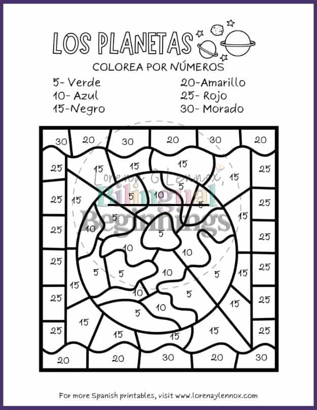 6 Free Printable Planet Color by Number Pages in Spanish