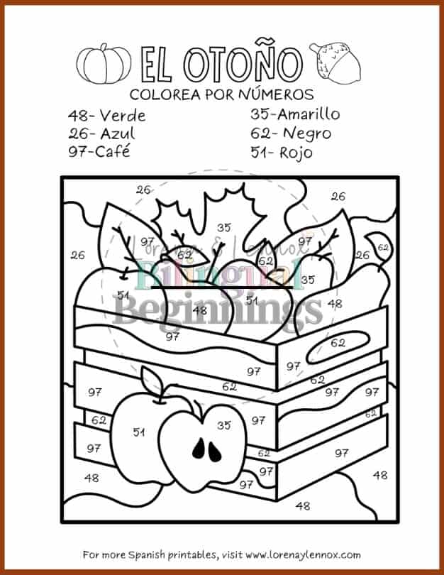 Color by number fall worksheets in Spanish for kids