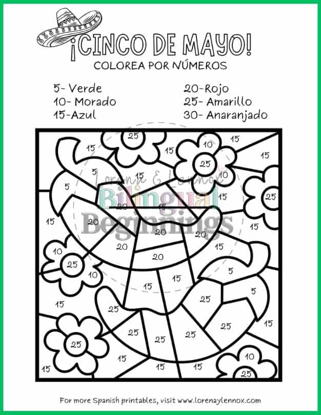 Cinco de Mayo Color By Number Printables in Spanish