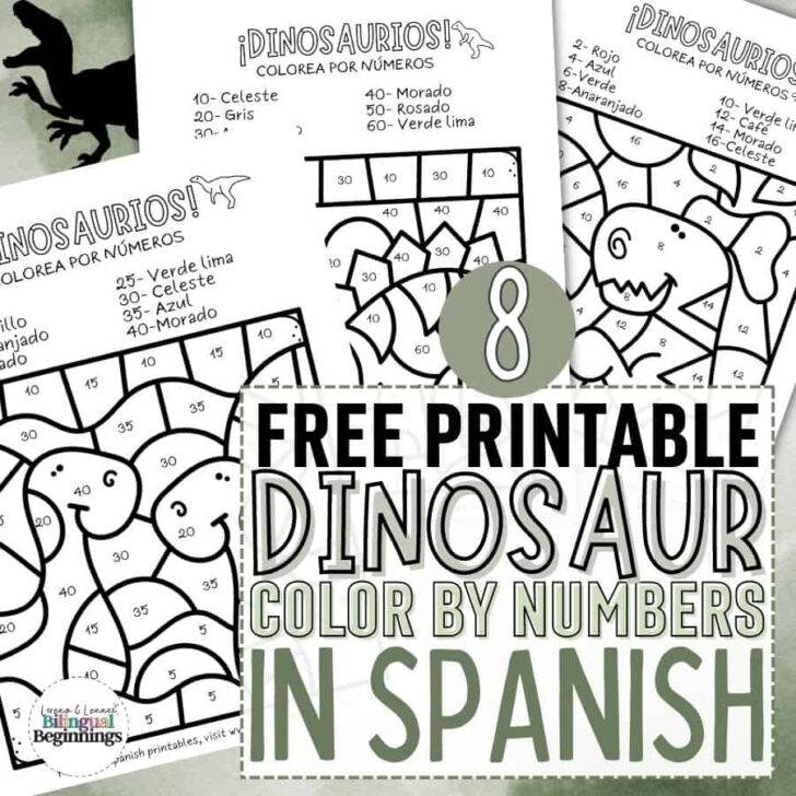 8 Color By Number Dinosaur Printable Worksheets in Spanish