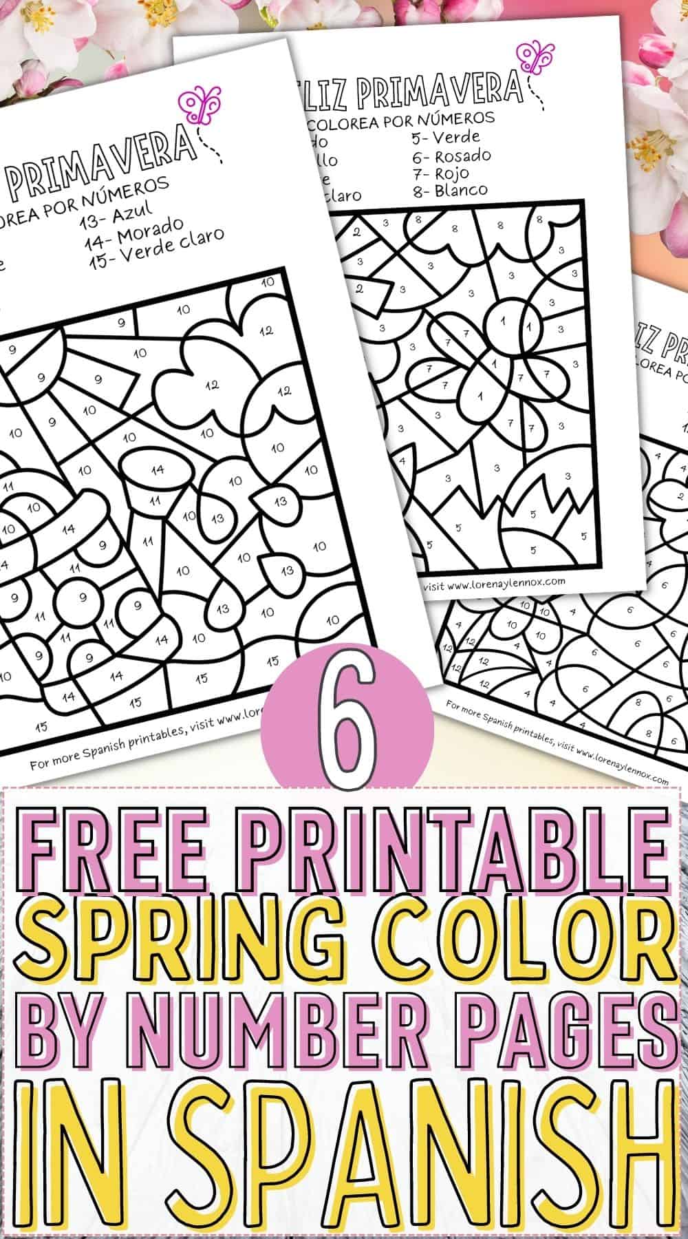 6 Free Spring Color by Number Worksheets in Spanish for Kids