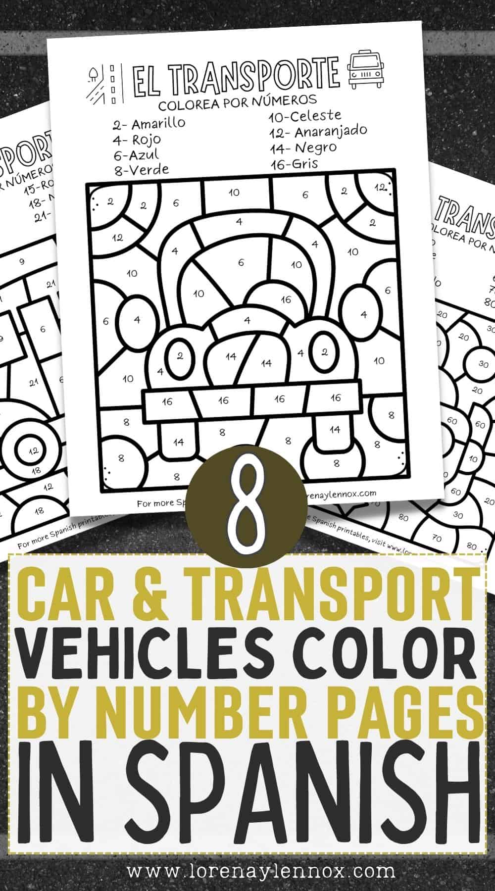 Transportation and Car Color By Numbers in Spanish