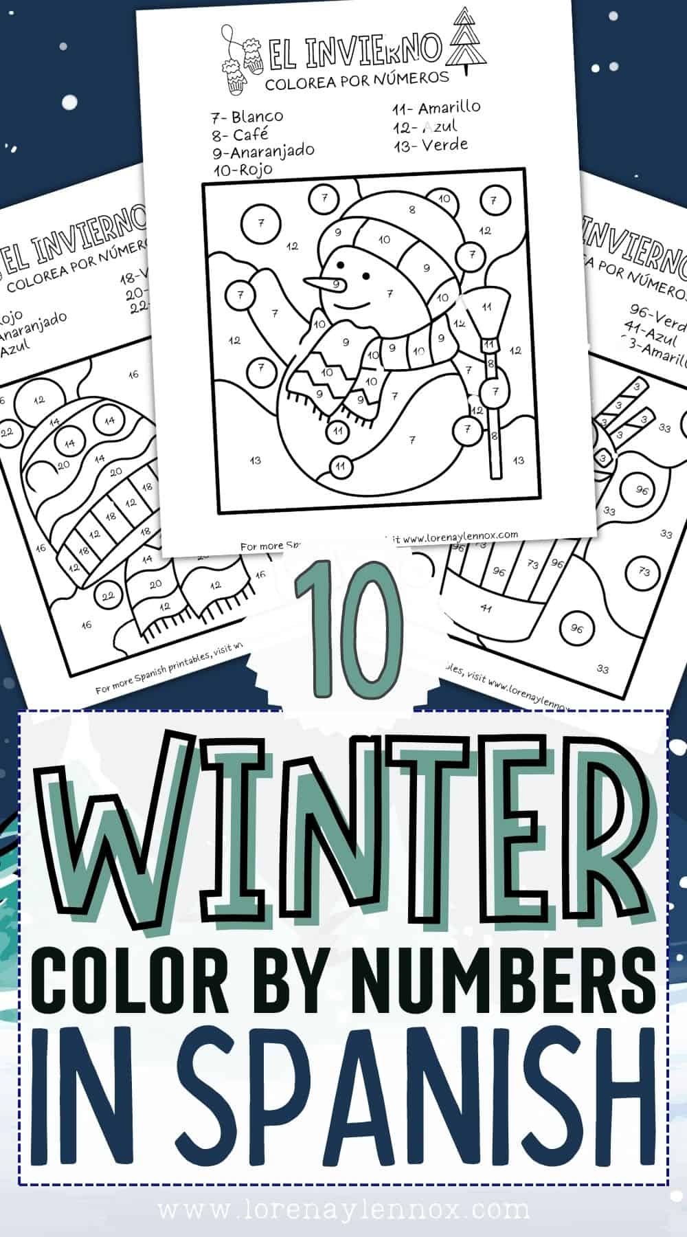 10 Free Printable Winter Color by Number Pages in Spanish