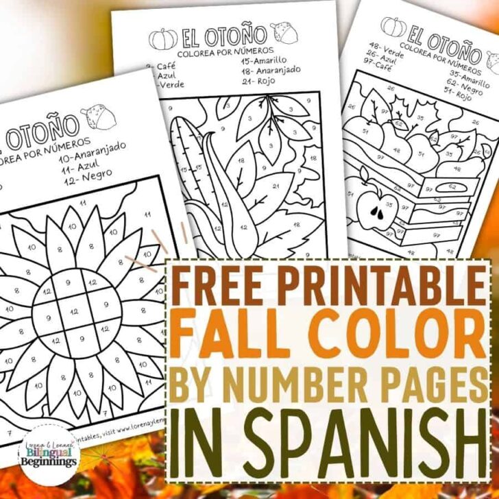 Color by number fall worksheets in Spanish for kids
