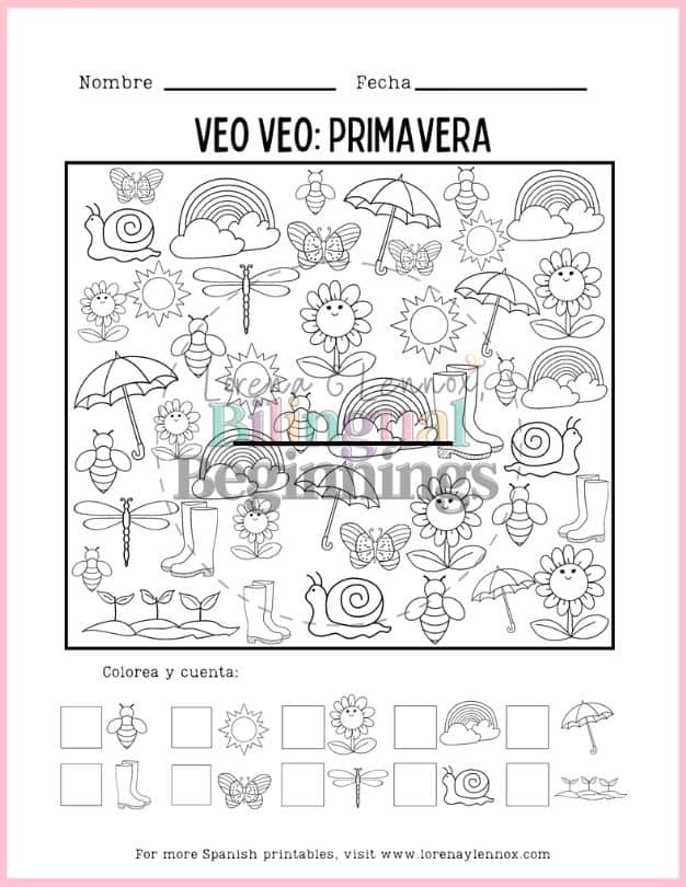 Spring I Spy Worksheet in Spanish