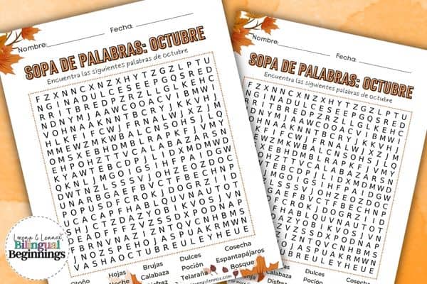 October Word Search Free Printable in Spanish