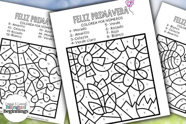 6 Free Spring Color by Number Worksheets in Spanish for Kids