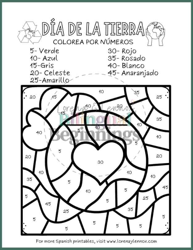 Earth Day Color by Number Printables in Spanish