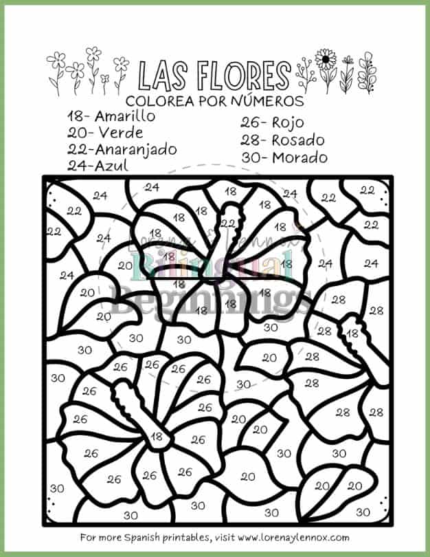 8 Flower Color by Number Pages in Spanish