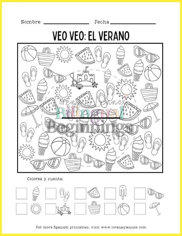 Summer I Spy Free Printable in Spanish