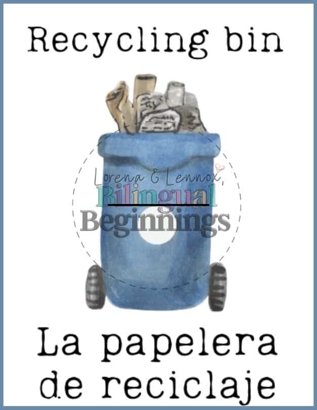 Bilingual Earth Day Flashcards in Spanish and English- Recycling bin | La papelera de reciclaje