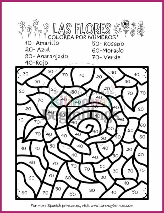 8 Flower Color by Number Pages in Spanish