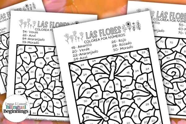 8 Flower Color by Number Pages in Spanish